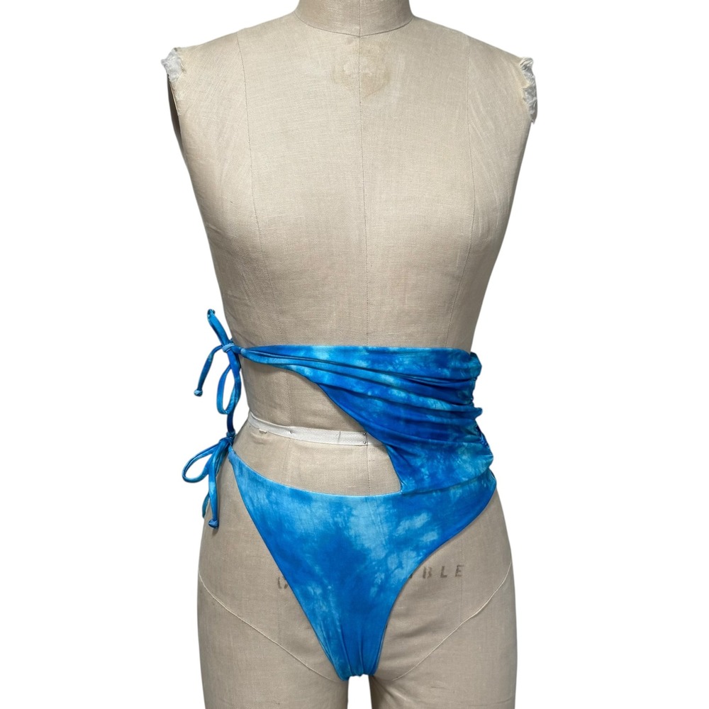 NEW Beach Bunny Bikini Bottoms Size L Blue Double Adjustable Wrap Scrunch Ties